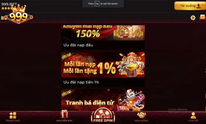 khuyến mãi hoàn trả thêm 1% 999BET Thông tin về các mức nạp và chi tiết tỷ lệ hoàn trả
